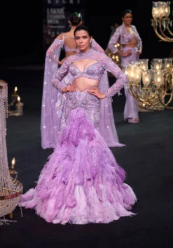 Purple Fish Cut Trail Skirt Lehenga Set With 3D Crystal And Feather Detailing