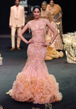 Peach Fish Cut Frill Lehenga Set With Trail Dupatta And Tassels