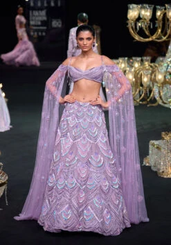 Lavender Pearl Embellished Lehenga Wth Off Shoulder Draped Cape