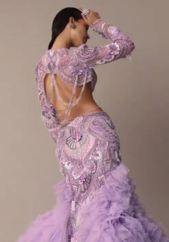 Lavender 3D Ruffle Fish Cut Skirt And Crystal Blouse Set -Lillys Clothing Shop jtej