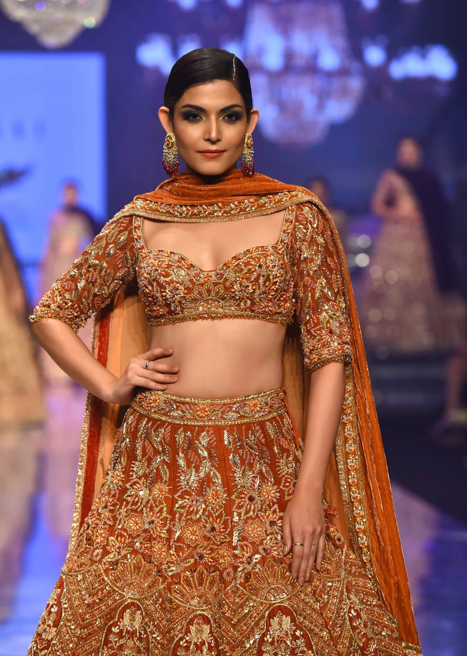 Burnt Orange Titian Bridal Lehenga In Raw Silk - Image 3