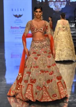 Fog Grey Bridal Lehenga In Velvet With 3D Floral Embroidery