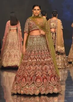 Chocolate Brown Maharani Bridal Lehenga In Velvet With Heavy Floral Embroidery