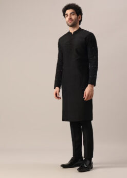 Black Dola Silk Jacket And Kurta Set With Embroidered Work