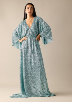 Blue Sequin Kaftan With Trail Detail