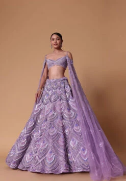 Lavender Pearl Embellished Lehenga Wth Off Shoulder Draped Cape -Lillys Clothing Shop kk