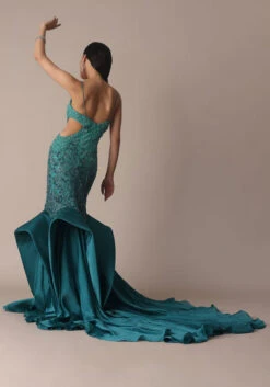 Green Blue Ombre Zardosi Fishcut Draped Gown -Lillys Clothing Shop kljkhl