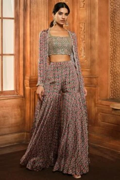 Olive Green Stripes Print Jacket Sharara Set