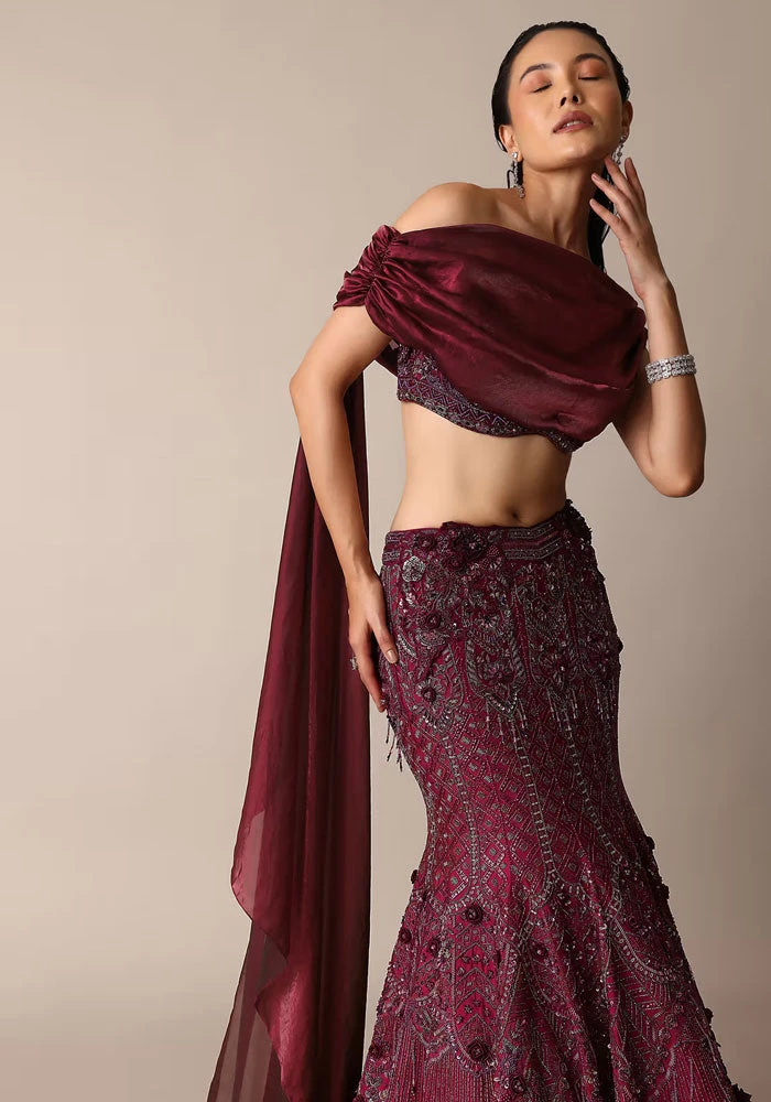Wine Opulent Fish Cut Lehenga And Embellished Jacket Duo 3 Wine Opulent Fish Cut Lehenga And Embellished Jacket Duo - Image 3