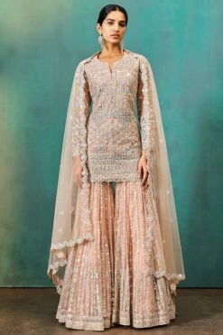 Nude Foil Applique Net Kurta Sharara
