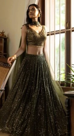 Moss Green Sequinned Lehenga Set -Lillys Clothing Shop moss green sequinned lehenga set basanti kapde aur koffee 2 1100x b3f2b2c3 963b 45b7 bc91 646eb2dd30c6
