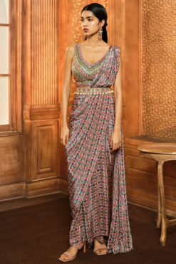 Olive Green Stripes Draped Saree Set