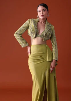 Citrus Green Draped Slit Skirt With Embroidered Short Jacket -Lillys Clothing Shop ooj