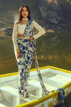 Indigo Bird Print Pre-stitched Saree