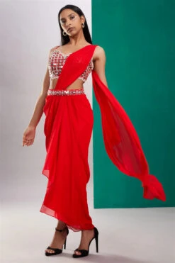 Red Mirror Drape Saree