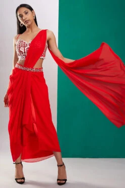 Red Mirror Drape Saree -Lillys Clothing Shop pmk sku ds 2207 2