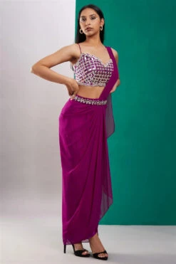 Wine Purple Mirror Drape Saree -Lillys Clothing Shop pmk sku ds 2208 1