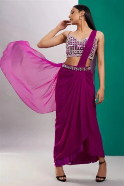 Wine Purple Mirror Drape Saree