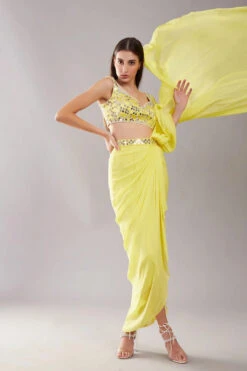 Lime Yellow Mirror Drape Saree