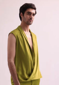 Green Linen Satin Lapel Tuxedo Jacket With Shirt And Pants -Lillys Clothing Shop poiu