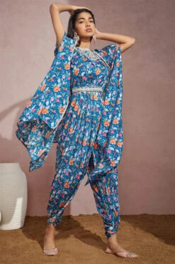 Royal Blue Floral Cape Jumpsuit