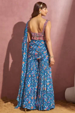 Royal Blue Sharara Saree -Lillys Clothing Shop prnt r.blue floral sharara saree 3