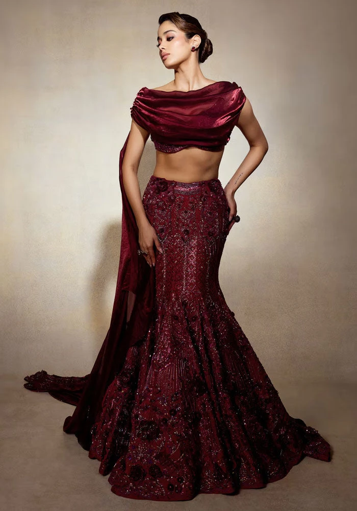 Wine Opulent Fish Cut Lehenga And Embellished Jacket Duo 7 Wine Opulent Fish Cut Lehenga And Embellished Jacket Duo - Image 7