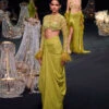 Citrus Green Satin Net Draped Trail Skirt With Feather Embellished Bustier -Lillys Clothing Shop rhhh