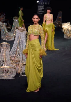 Citrus Green Satin Net Draped Trail Skirt With Feather Embellished Bustier