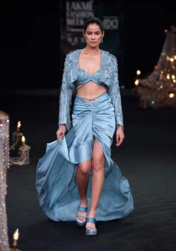 Blue Fish Cut Gathered Zardosi Draped Skirt And Tassel Jacket Set