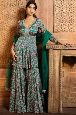 Emerald Green Printed Peplum With Sharara Set
