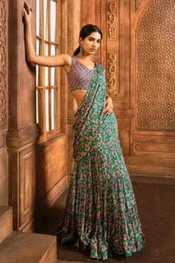 Emerald Green Printed Floral Draped Frill Saree