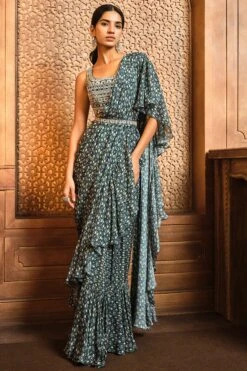 Navy Ikat Frill Saree