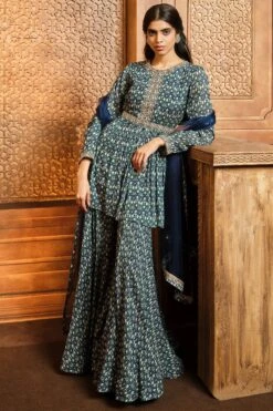 Navy Ikat Peplum Sharara Set