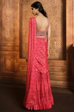 Vermillion Red Printed Draped Sharara Saree -Lillys Clothing Shop rj red prnt shar saree 3pc 2