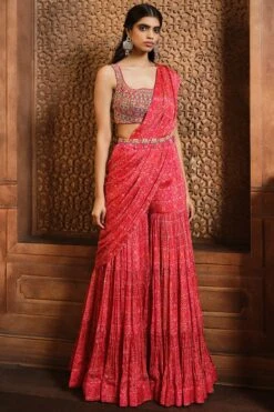 Vermillion Red Printed Draped Sharara Saree