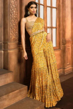 Yellow Floral Printed Draped Sharara Saree