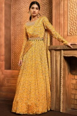 Yellow Floral Printed Draped Anarkali -Lillys Clothing Shop rj ylw prnted draped anarkali 2pc 1