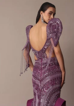 Deep Purple Organza Fishcut Gown With 3D Tassel Sleeves -Lillys Clothing Shop rjd