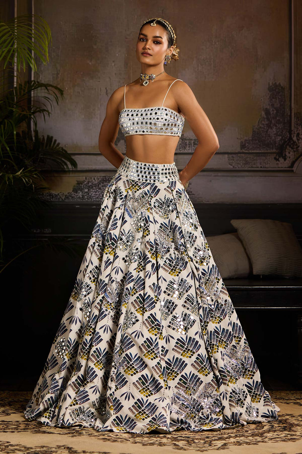 White And Green Print Embellished Lehenga Set 2 White And Green Print Embellished Lehenga Set - Image 2