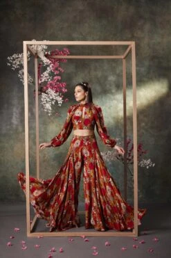 Orange Printed Balloon Sleeves Top And Panel Pants Set With Embroidery