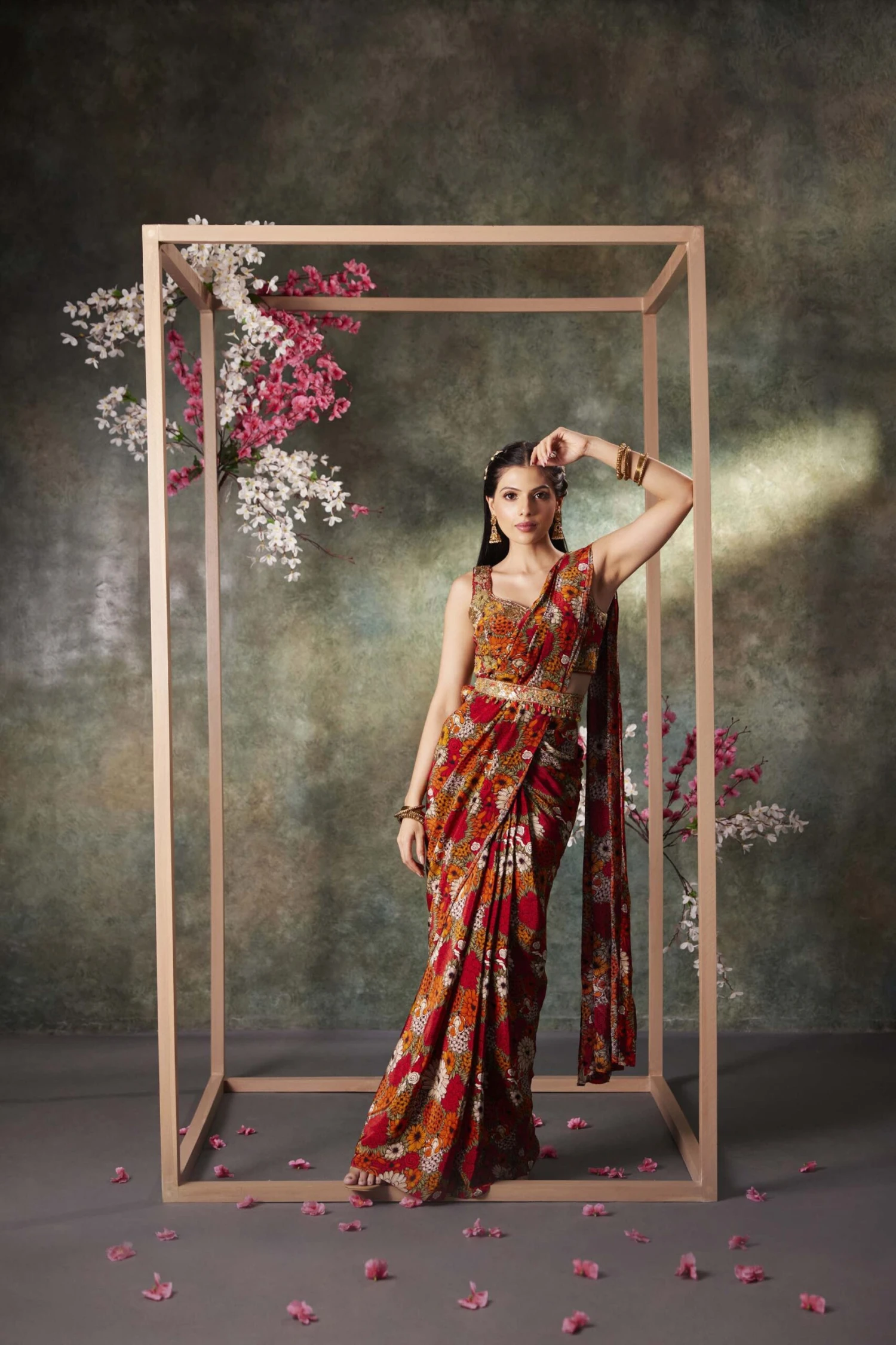 Orange Printed Choli And Pre Draped Saree Set With Embroidery 1 Orange Printed Choli And Pre Draped Saree Set With Embroidery