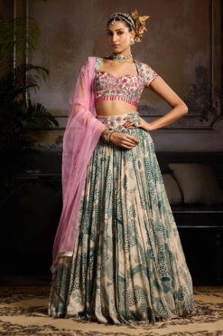 Beige And Teal Highlight Printed Lehenga Set