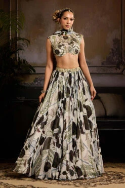 White And Green Print And Highlighted Lehenga Set