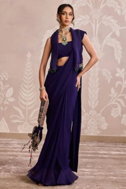 Purple Floral Embroidered Jacket & Saree