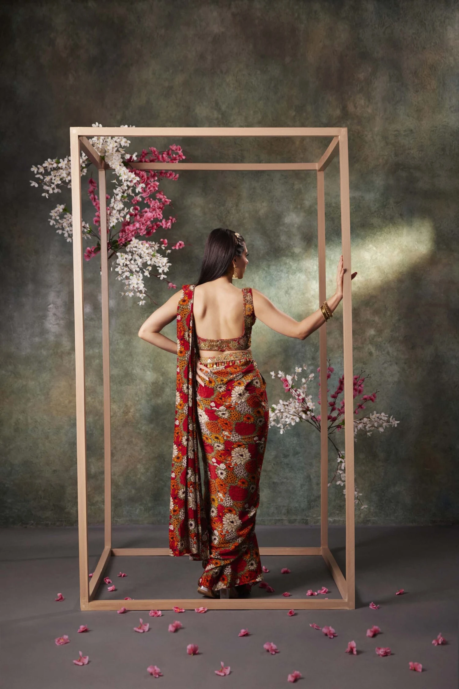 Orange Printed Choli And Pre Draped Saree Set With Embroidery 4 Orange Printed Choli And Pre Draped Saree Set With Embroidery - Image 4