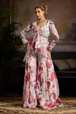 White And Pink Print And Highlighted Peplum Kurti Set