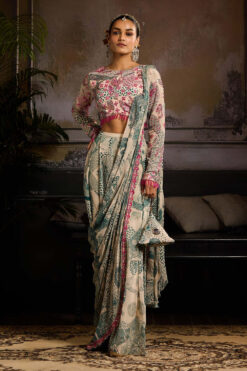 Beige & Teal Print And Highlighted Saree Set