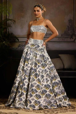 White And Green Print Embellished Lehenga Set