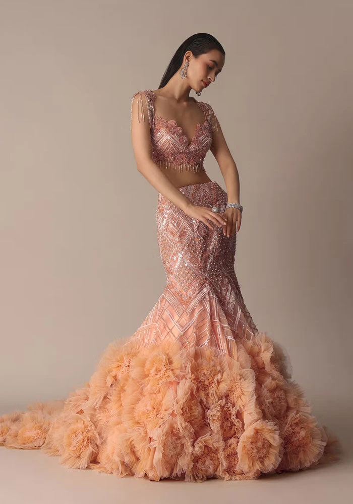 Peach Fish Cut Frill Lehenga Set With Trail Dupatta And Tassels 5 Peach Fish Cut Frill Lehenga Set With Trail Dupatta And Tassels - Image 5